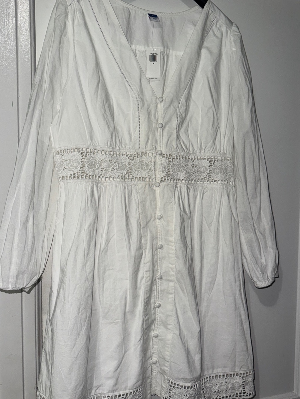 Old Navy White Long-Sleeve Button-Front Cotton Dress with Crochet Waist